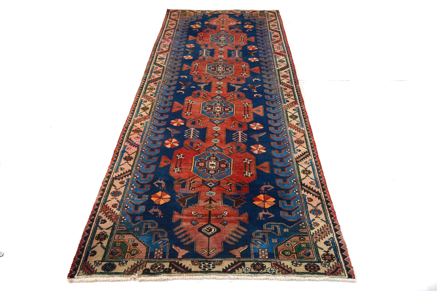Vintage Shiraz Persian Runner – Azure Triptych