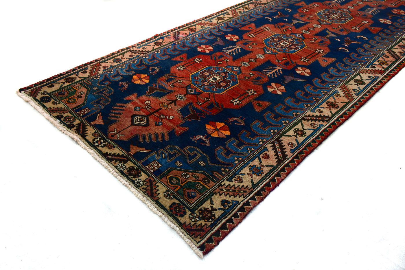 Vintage Shiraz Persian Runner – Azure Triptych