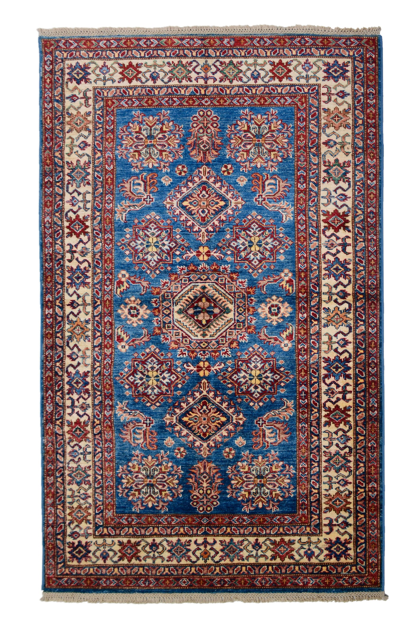 A hand-knotted Afghan Super Kazak woolen rug with a floral and geometric pattern in blue, red, and beige colors.