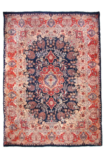 Hand knotted Kashmar Persian rug in navy and red, vintage wool rug from Iran, New Zealand