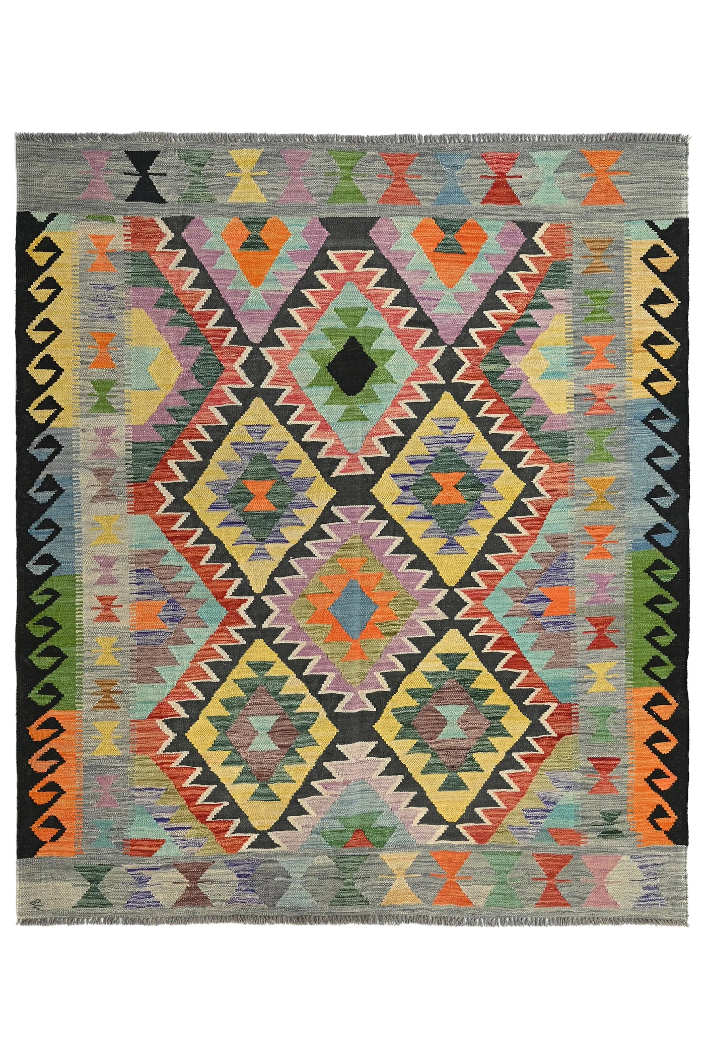 Kilim Afghan Rug – Graphite Lattice