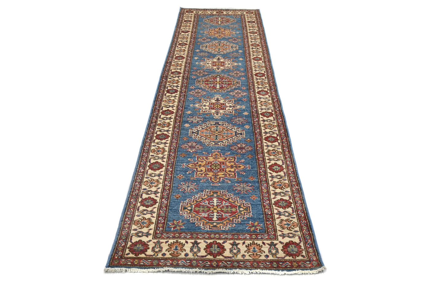 Super Kazak Afghan Runner Rug – Cerulean Lozenge