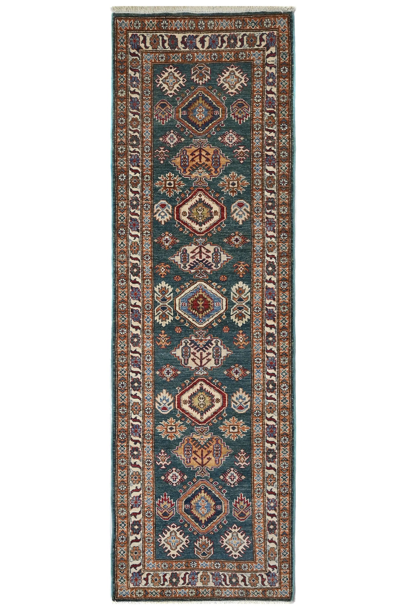 Super Kazak Afghan Runner Rug – Teal Cartouche