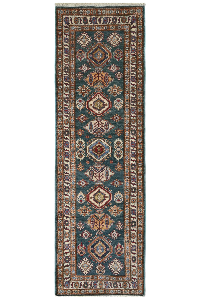 Super Kazak Afghan Runner Rug – Teal Cartouche