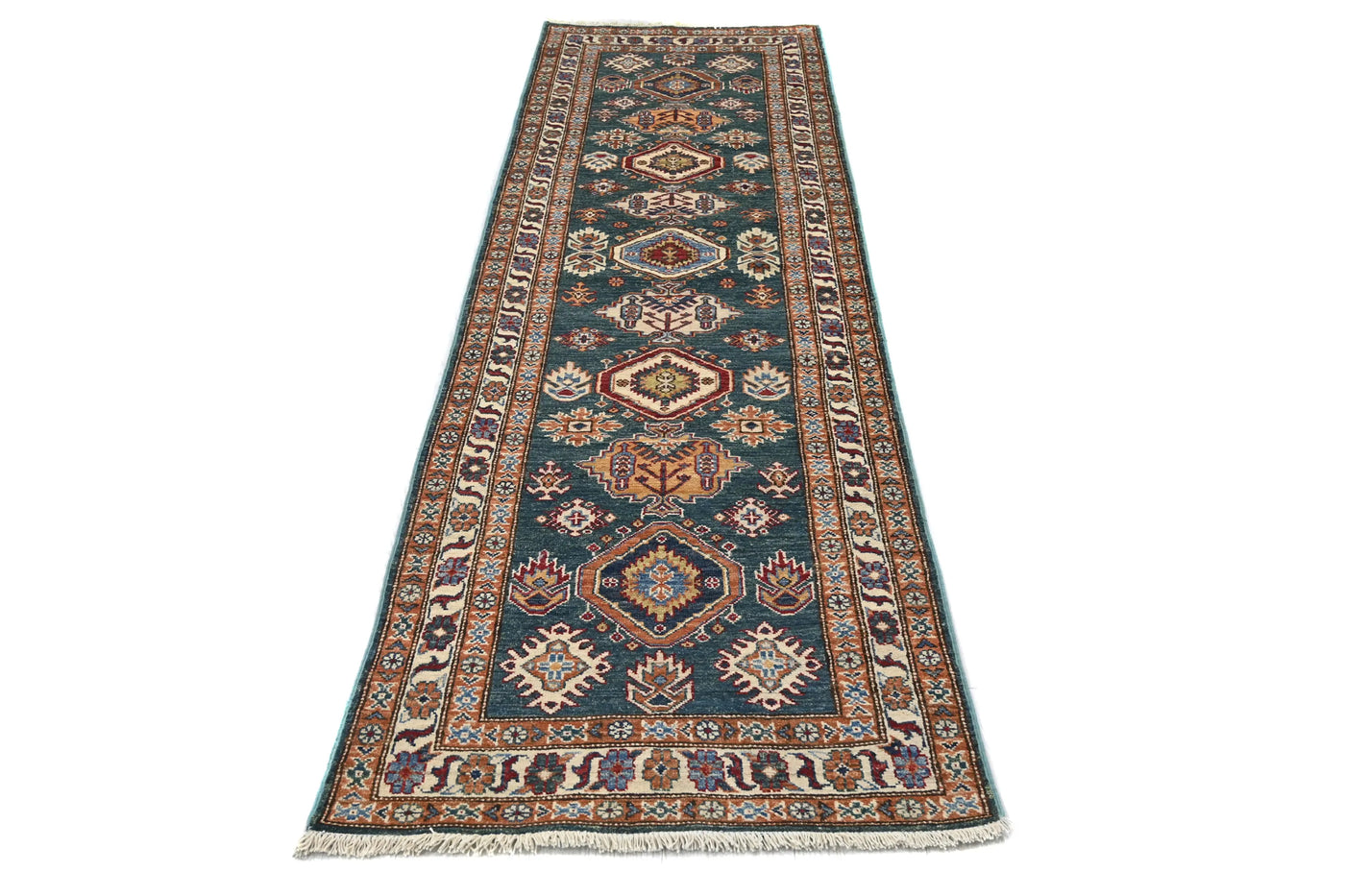 Super Kazak Afghan Runner Rug – Teal Cartouche