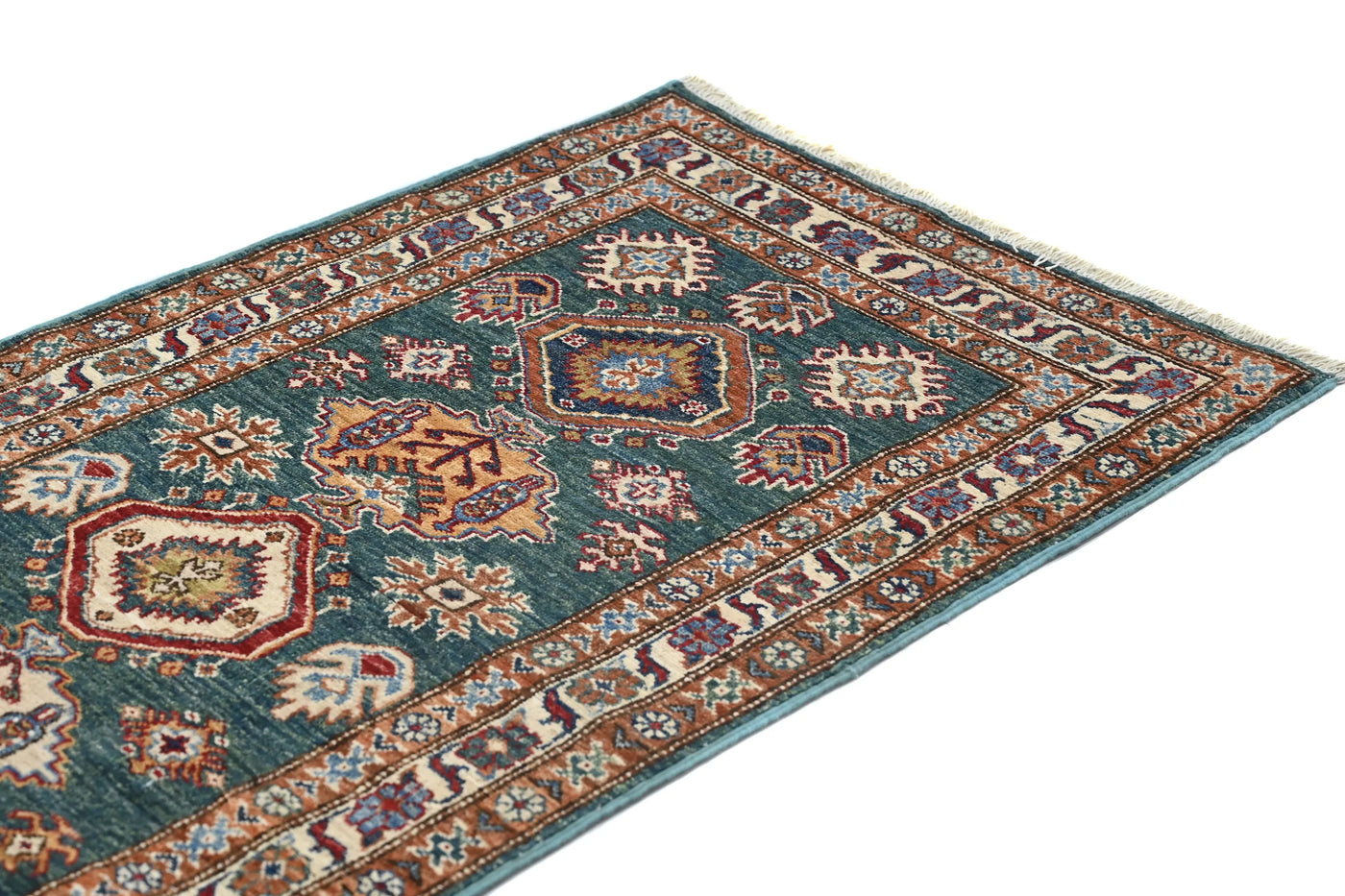 Super Kazak Afghan Runner Rug – Teal Cartouche