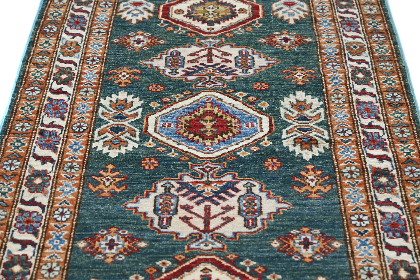 Super Kazak Afghan Runner Rug – Teal Cartouche
