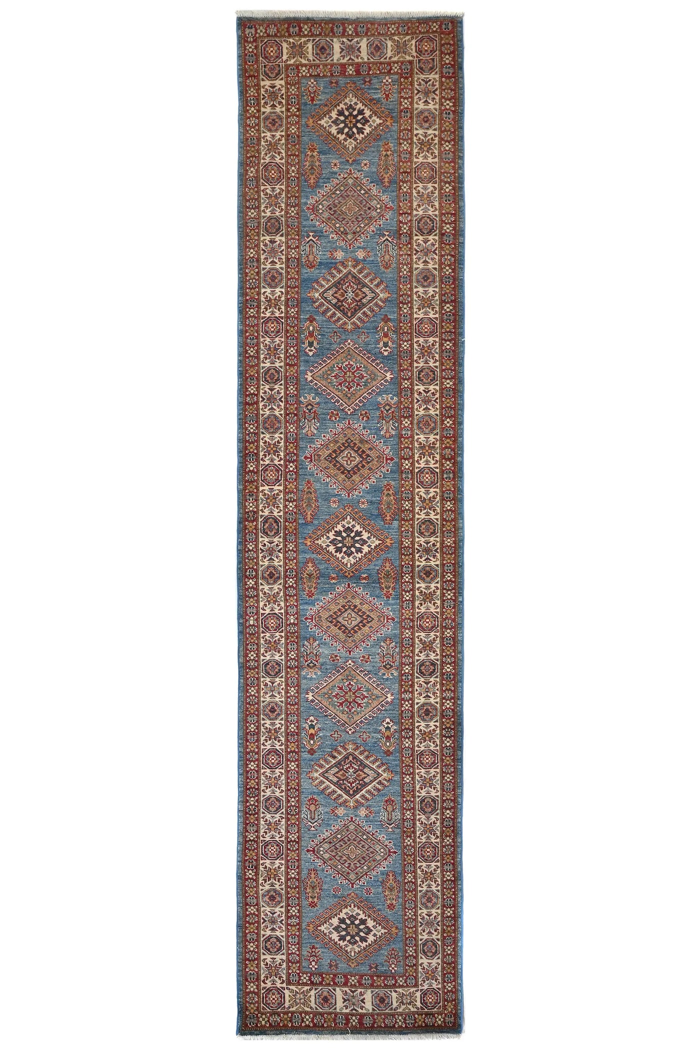 Super Kazak Afghan Runner Rug – Azure Diamond