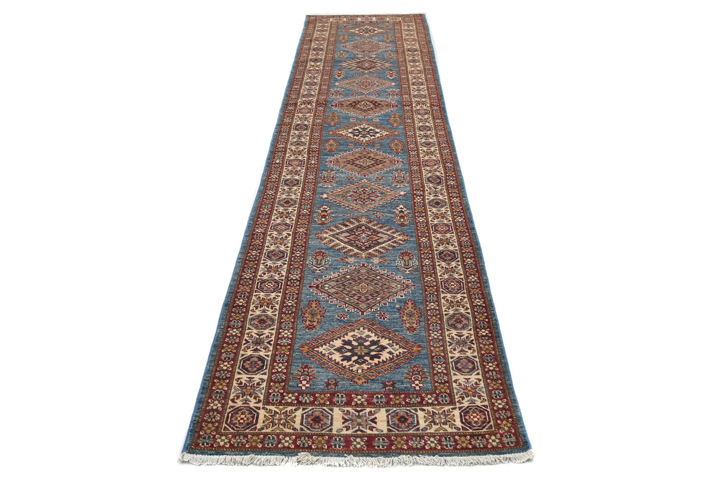 Super Kazak Afghan Runner Rug – Azure Diamond