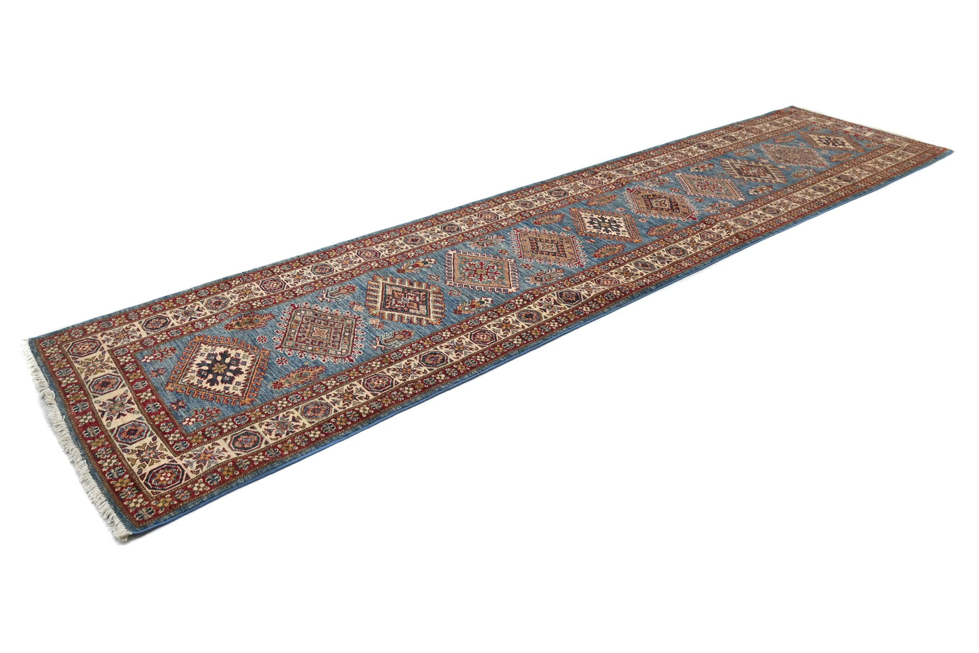 Super Kazak Afghan Runner Rug – Azure Diamond