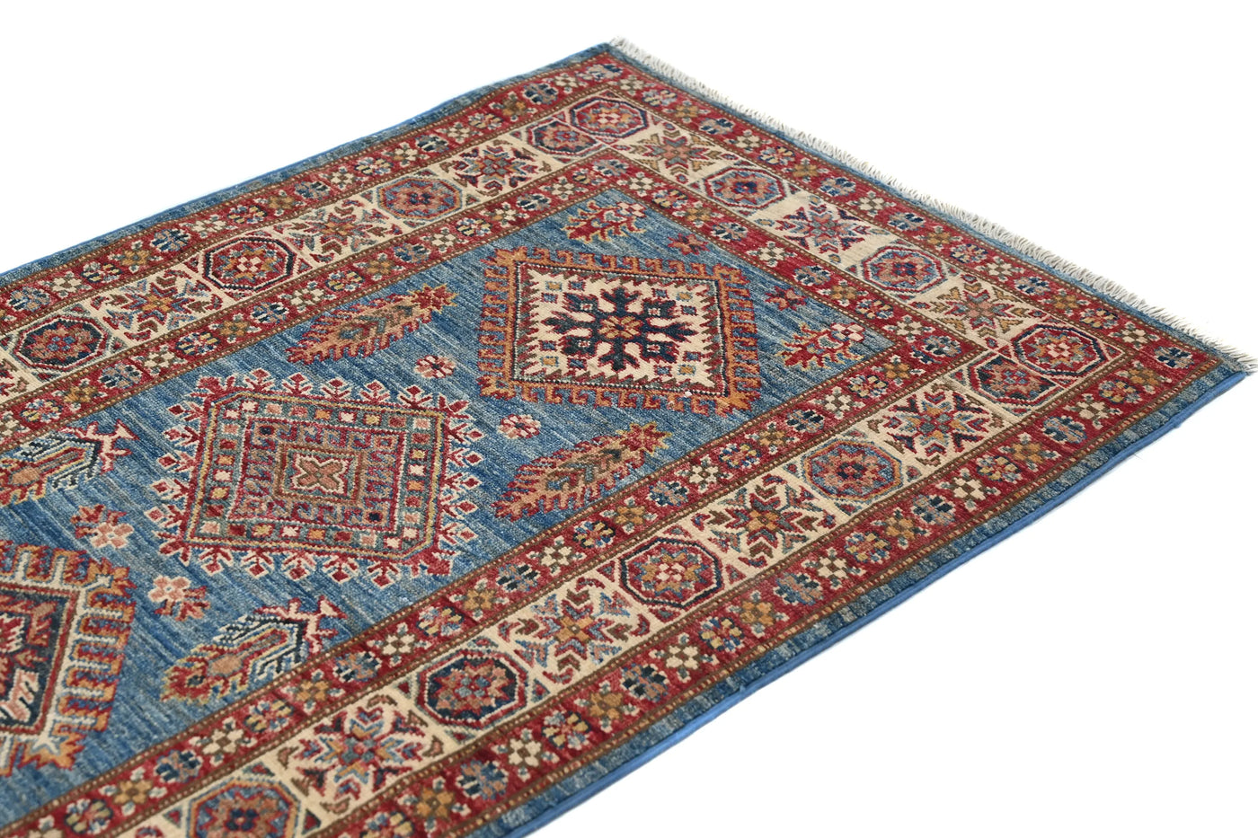 Super Kazak Afghan Runner Rug – Azure Diamond