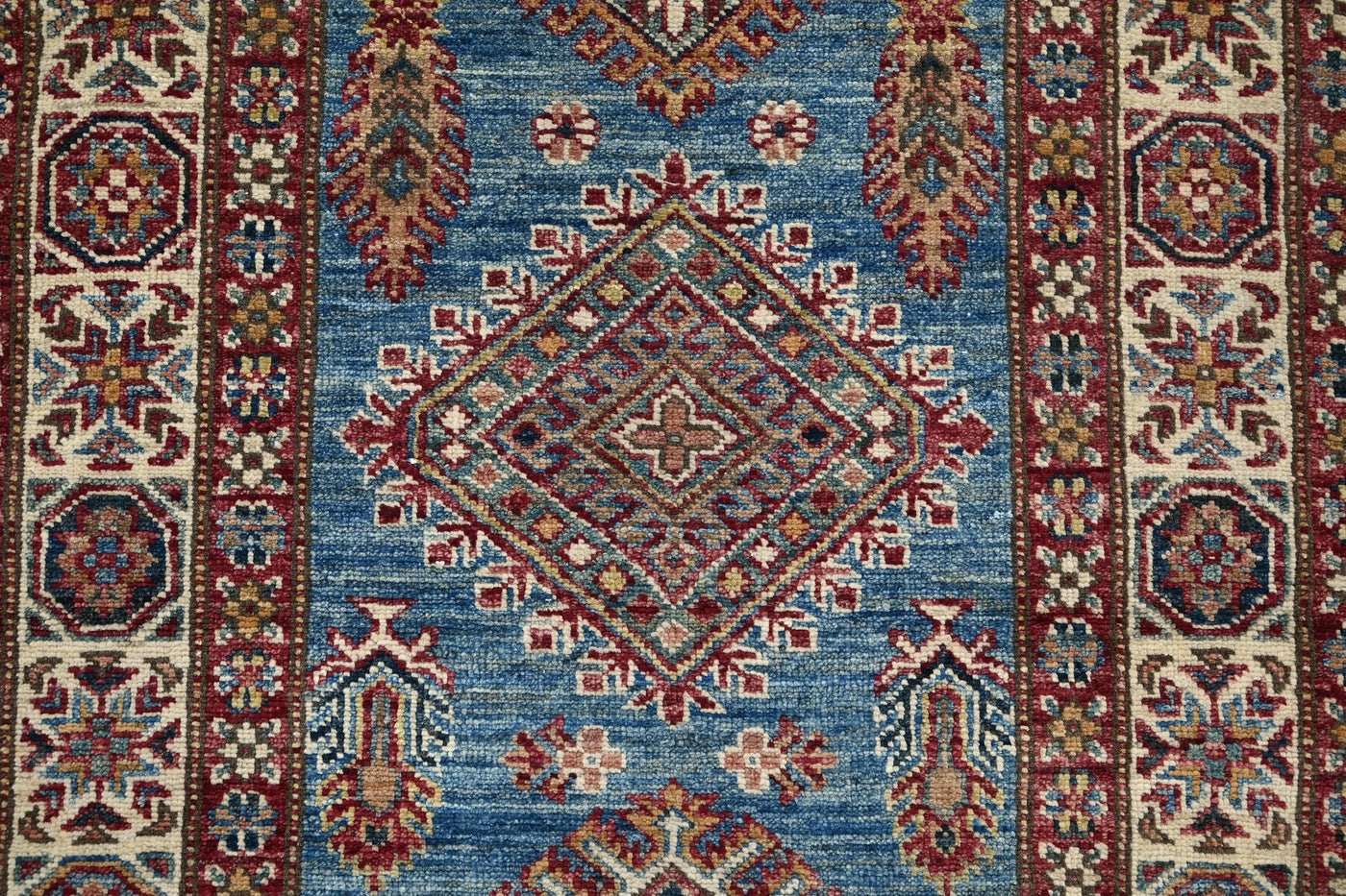 Super Kazak Afghan Runner Rug – Azure Diamond
