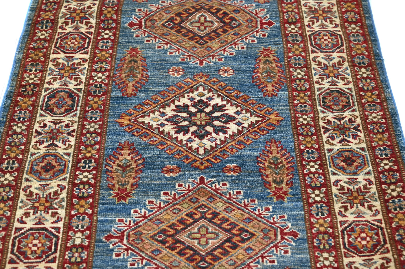 Super Kazak Afghan Runner Rug – Azure Diamond