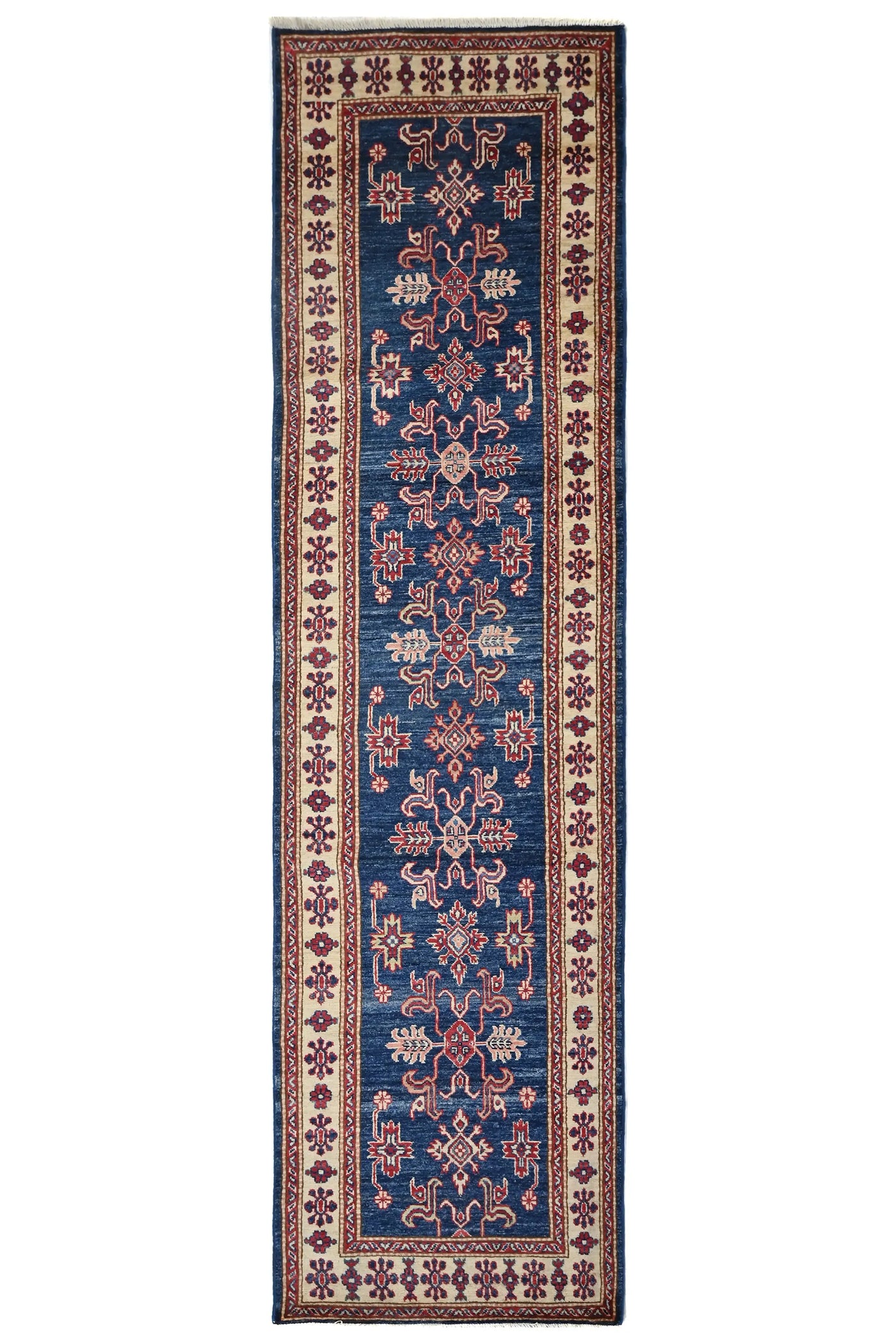Super Kazak Afghan Runner Rug – Cobalt Lattice