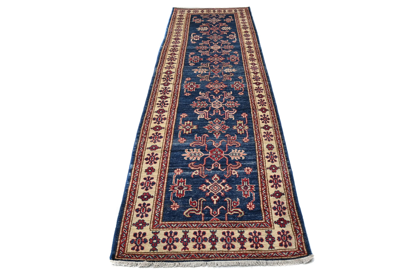Super Kazak Afghan Runner Rug – Cobalt Lattice