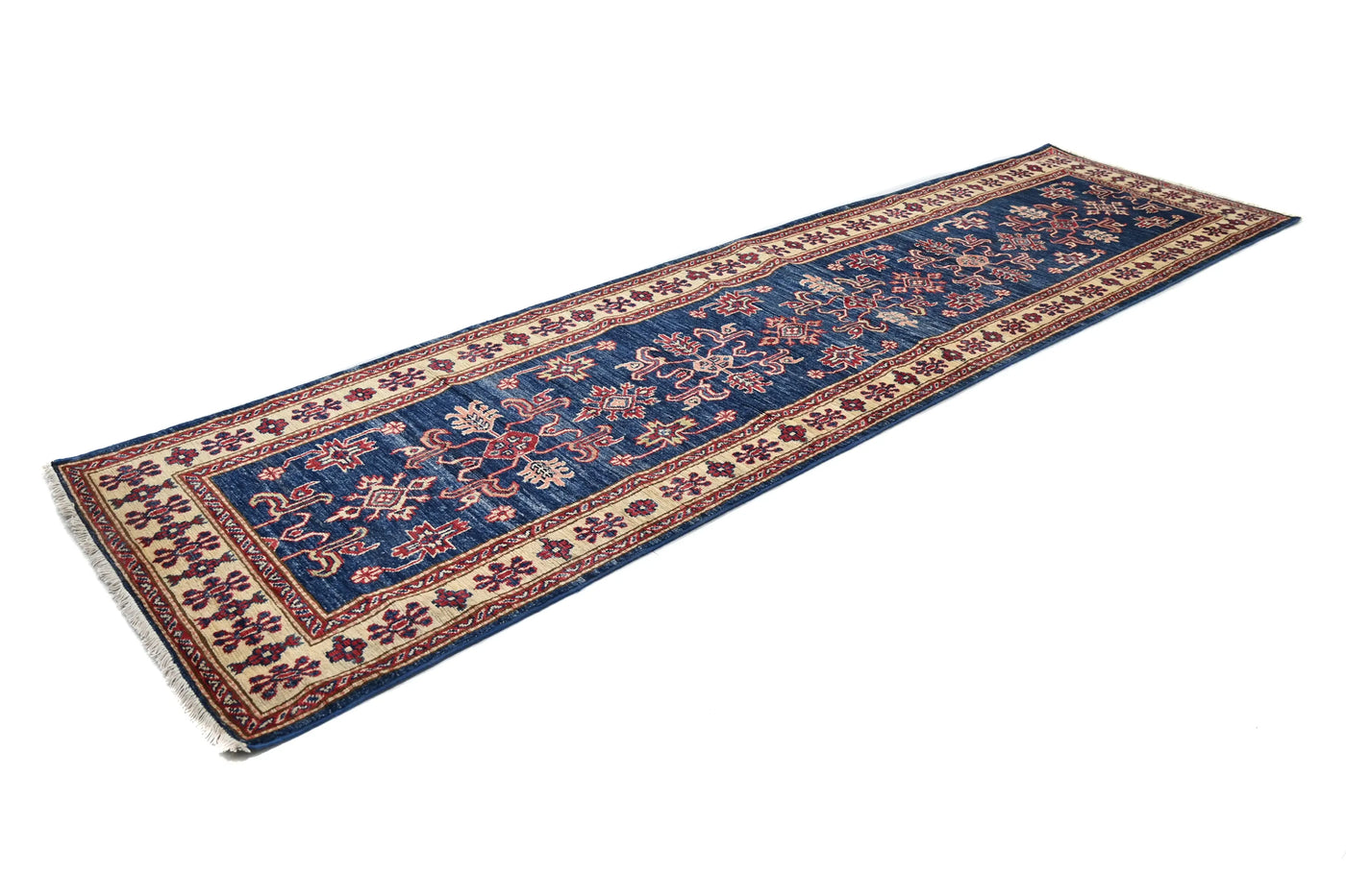 Super Kazak Afghan Runner Rug – Cobalt Lattice
