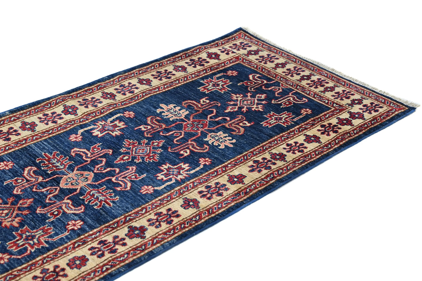 Super Kazak Afghan Runner Rug – Cobalt Lattice