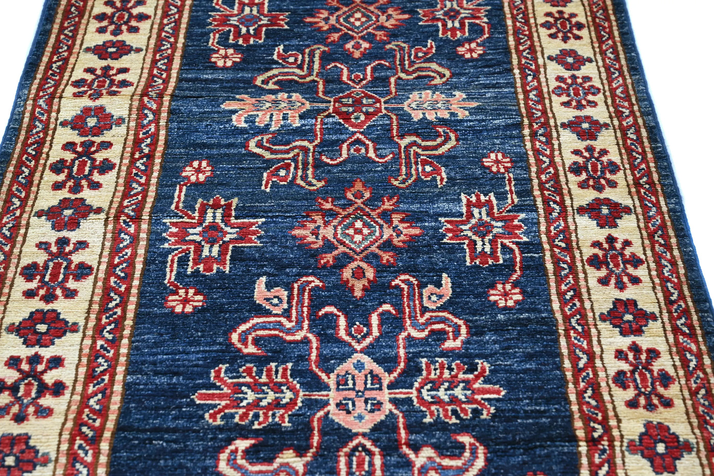 Super Kazak Afghan Runner Rug – Cobalt Lattice