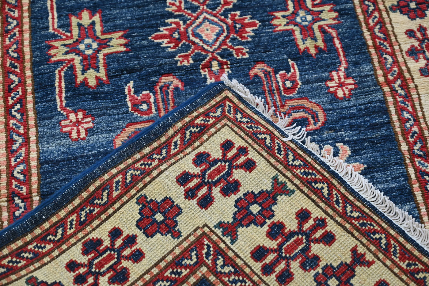 Super Kazak Afghan Runner Rug – Cobalt Lattice