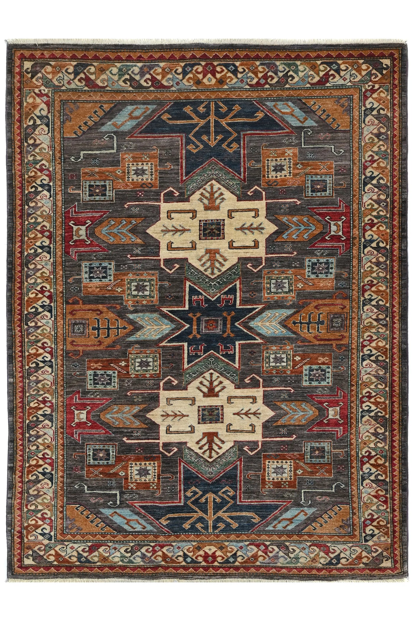 Super Kazak Afghan Rug – Charcoal Stella