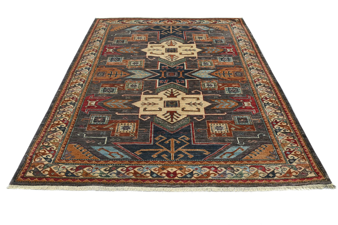 Super Kazak Afghan Rug – Charcoal Stella