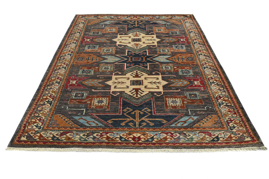 Super Kazak Afghan Rug – Charcoal Stella