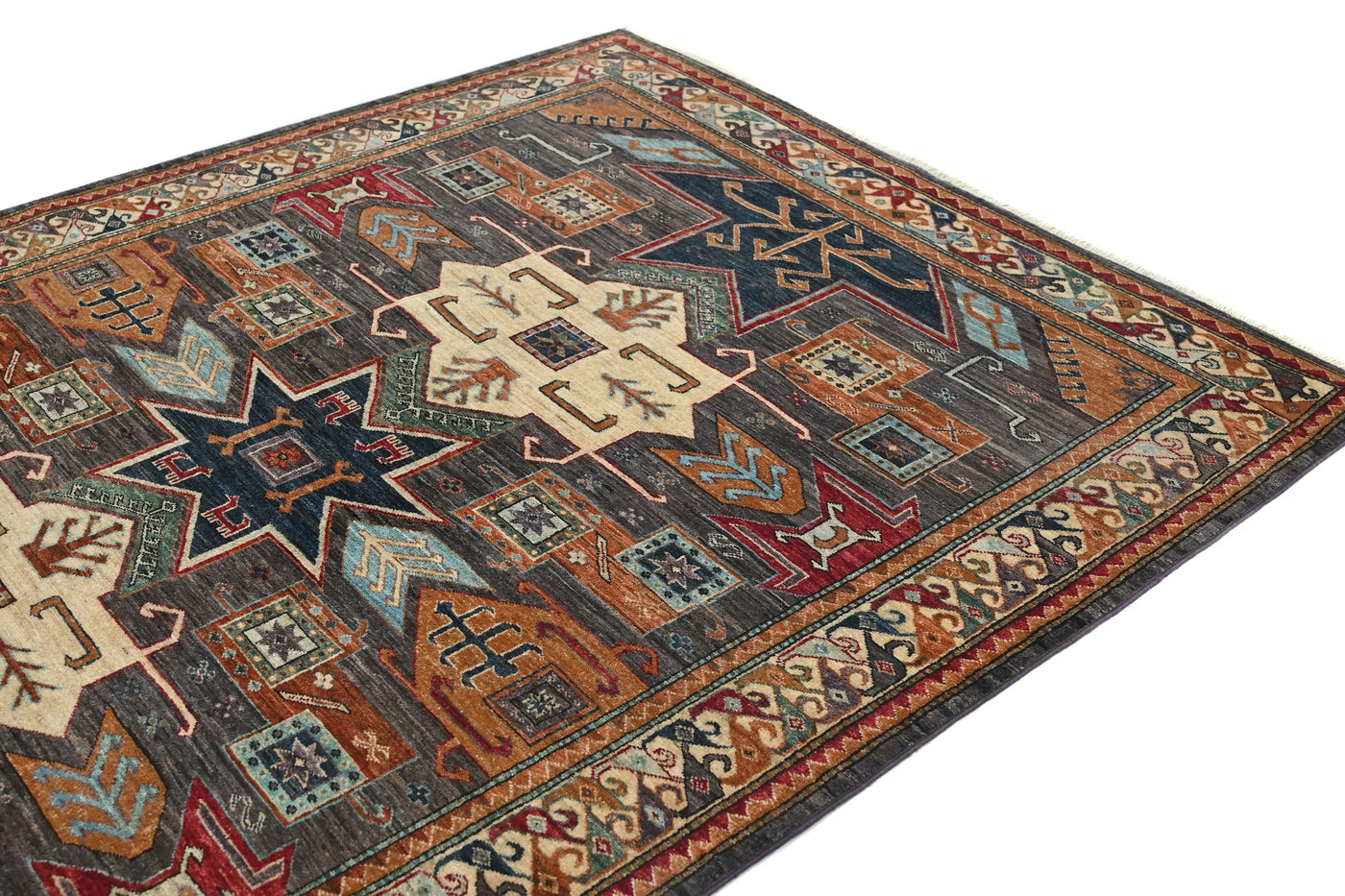Super Kazak Afghan Rug – Charcoal Stella