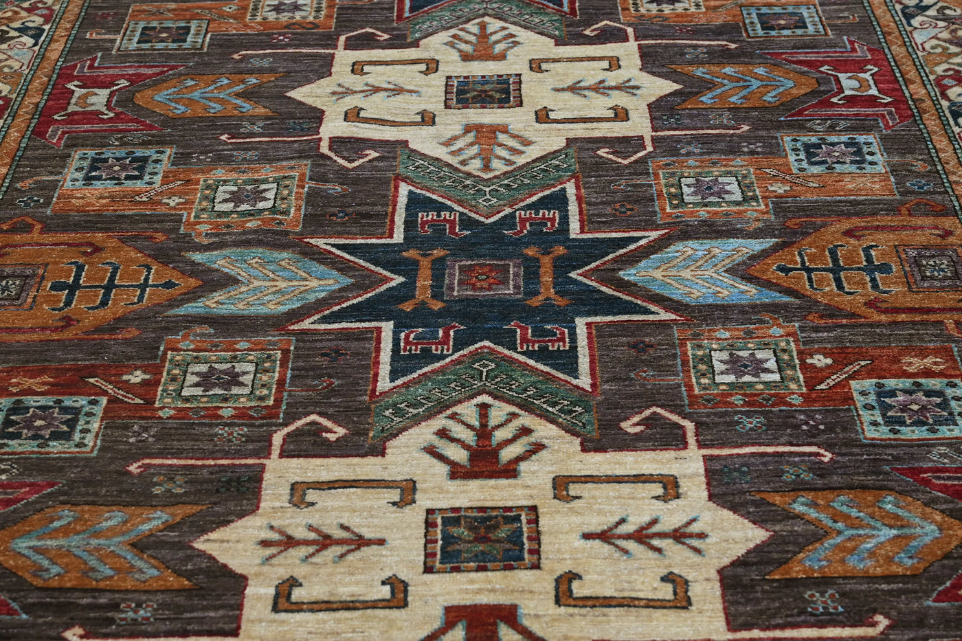 Super Kazak Afghan Rug – Charcoal Stella