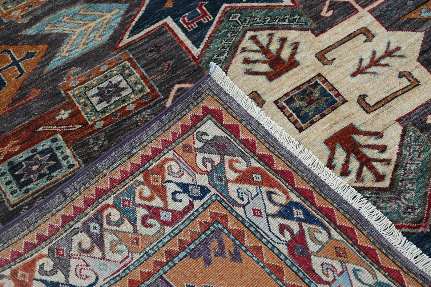 Super Kazak Afghan Rug – Charcoal Stella