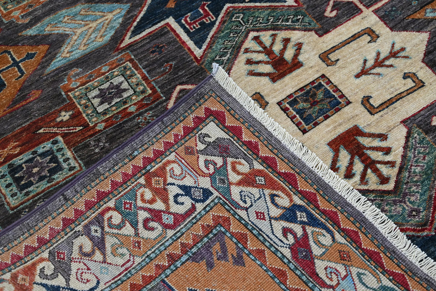 Super Kazak Afghan Rug – Charcoal Stella