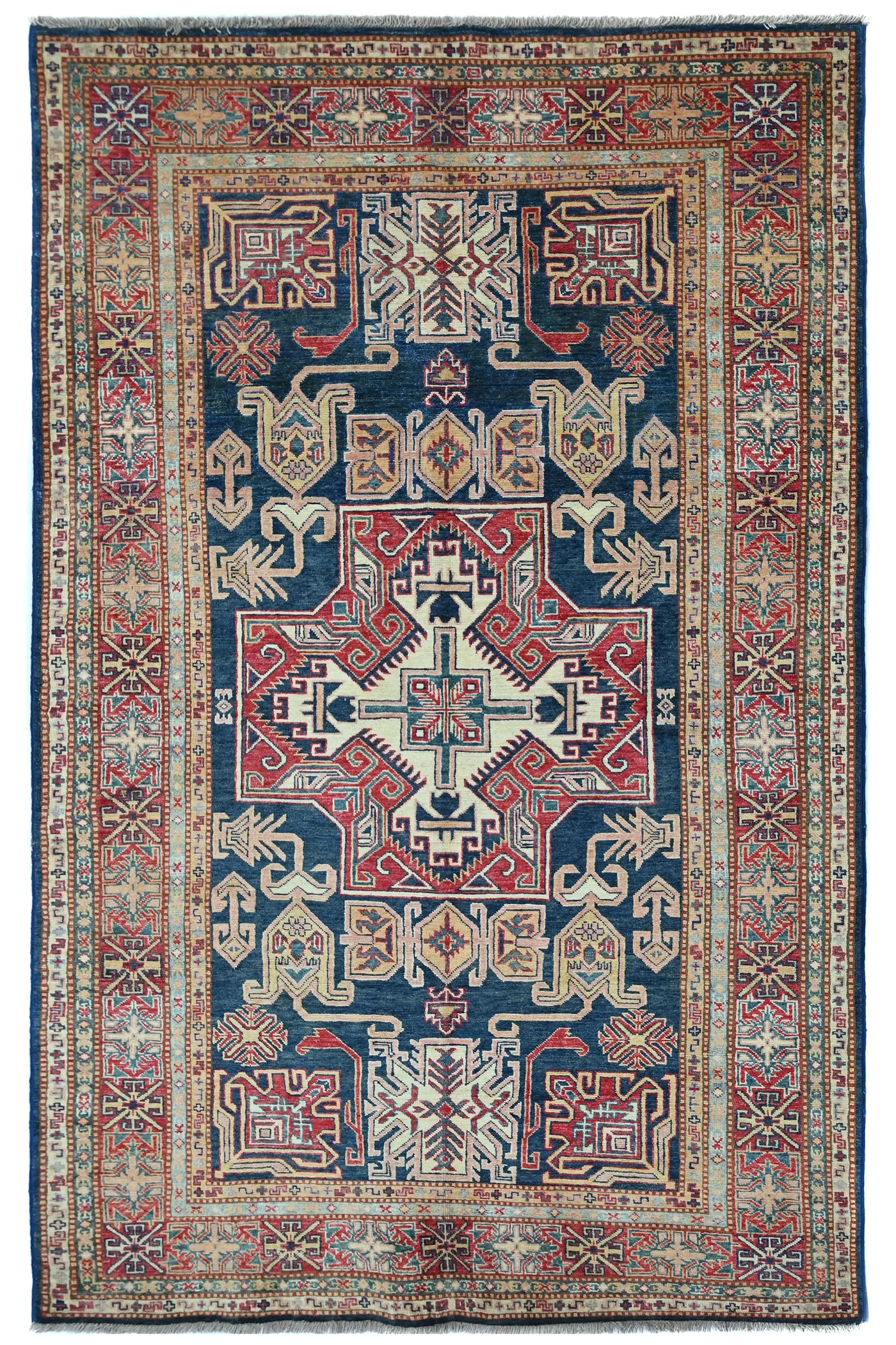 Super Kazak Afghan Rug – Navy Labyrinth