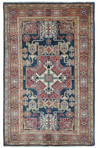 Super Kazak Afghan Rug – Navy Labyrinth
