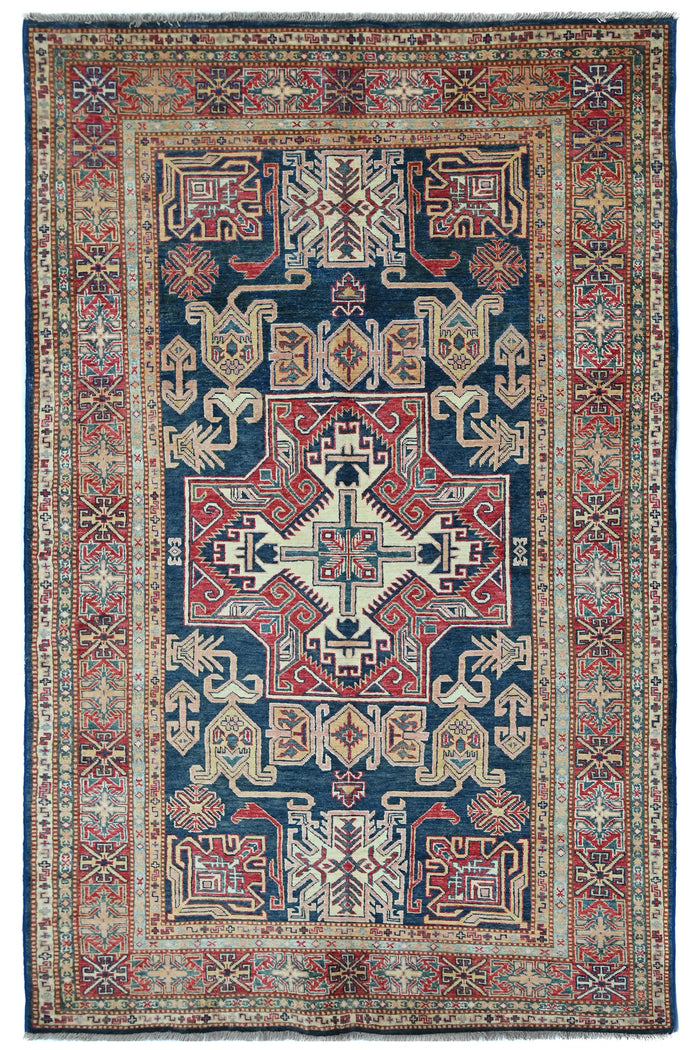 Super Kazak Afghan Rug – Navy Labyrinth