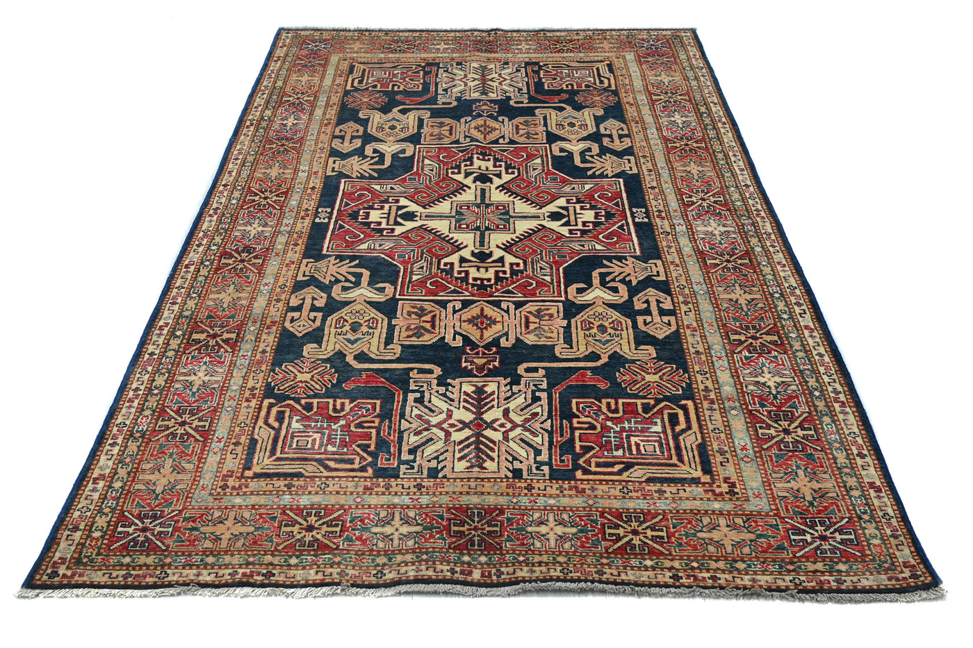 Super Kazak Afghan Rug – Navy Labyrinth