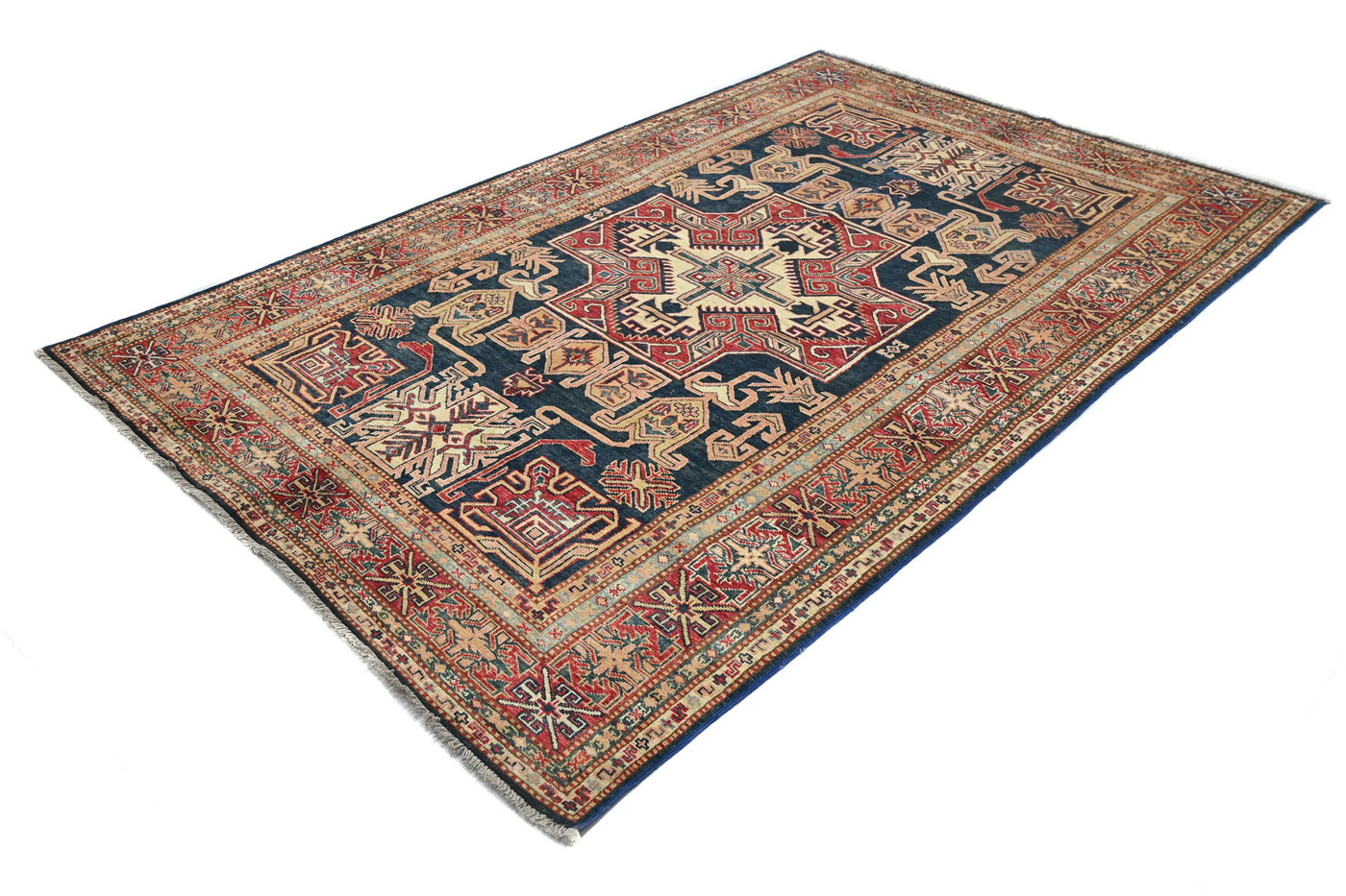 Super Kazak Afghan Rug – Navy Labyrinth
