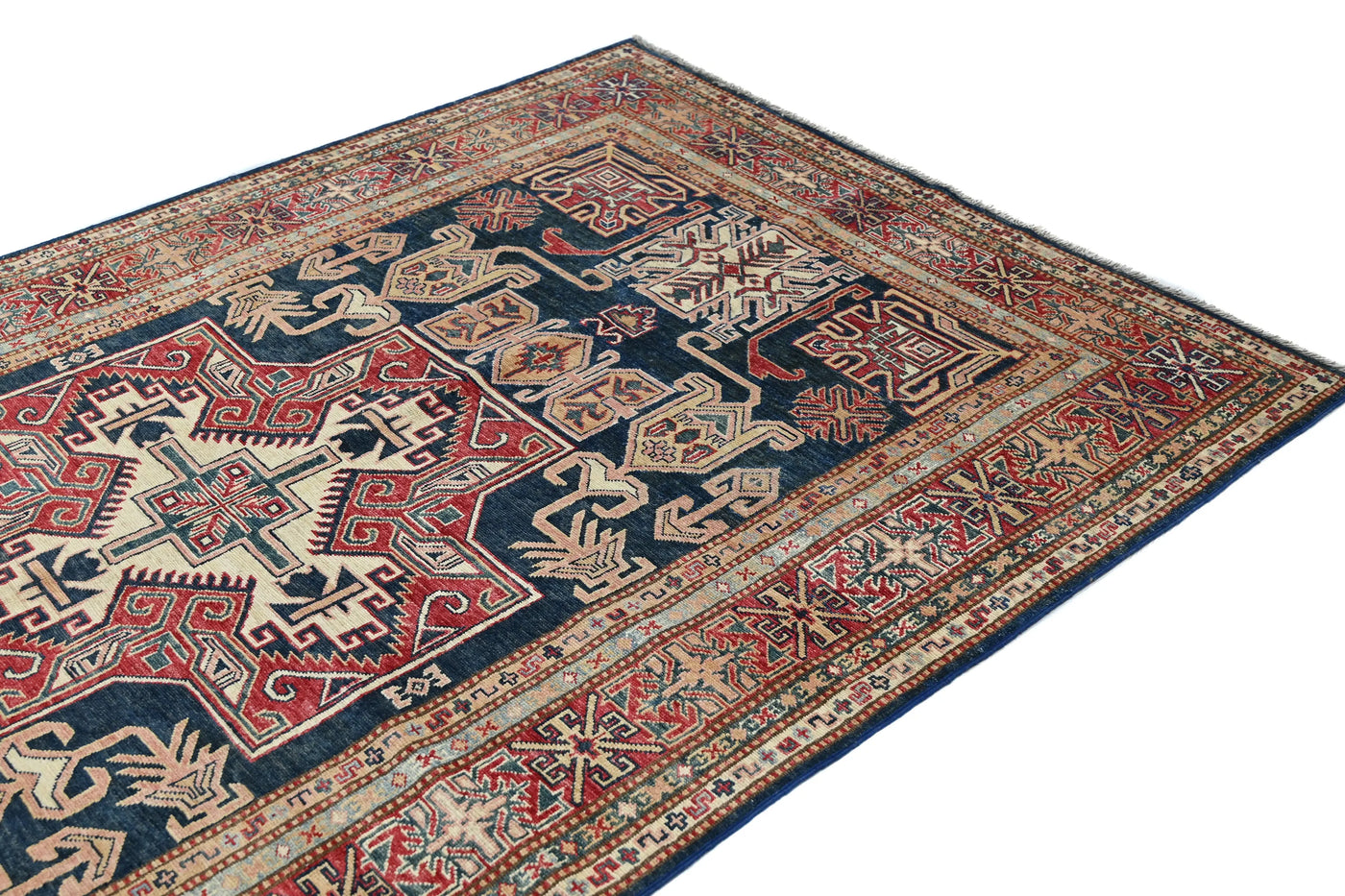 Super Kazak Afghan Rug – Navy Labyrinth