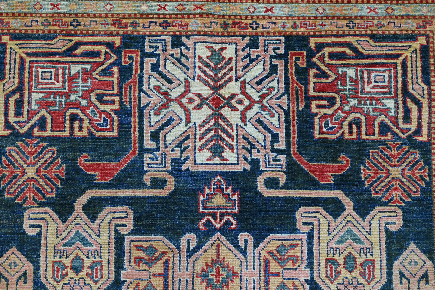Super Kazak Afghan Rug – Navy Labyrinth