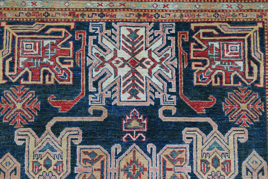 Super Kazak Afghan Rug – Navy Labyrinth