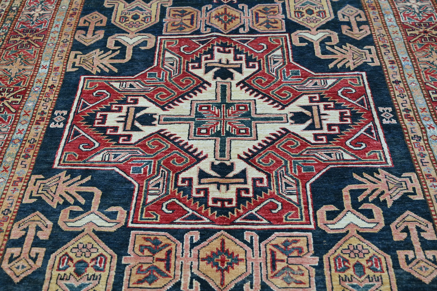 Super Kazak Afghan Rug – Navy Labyrinth