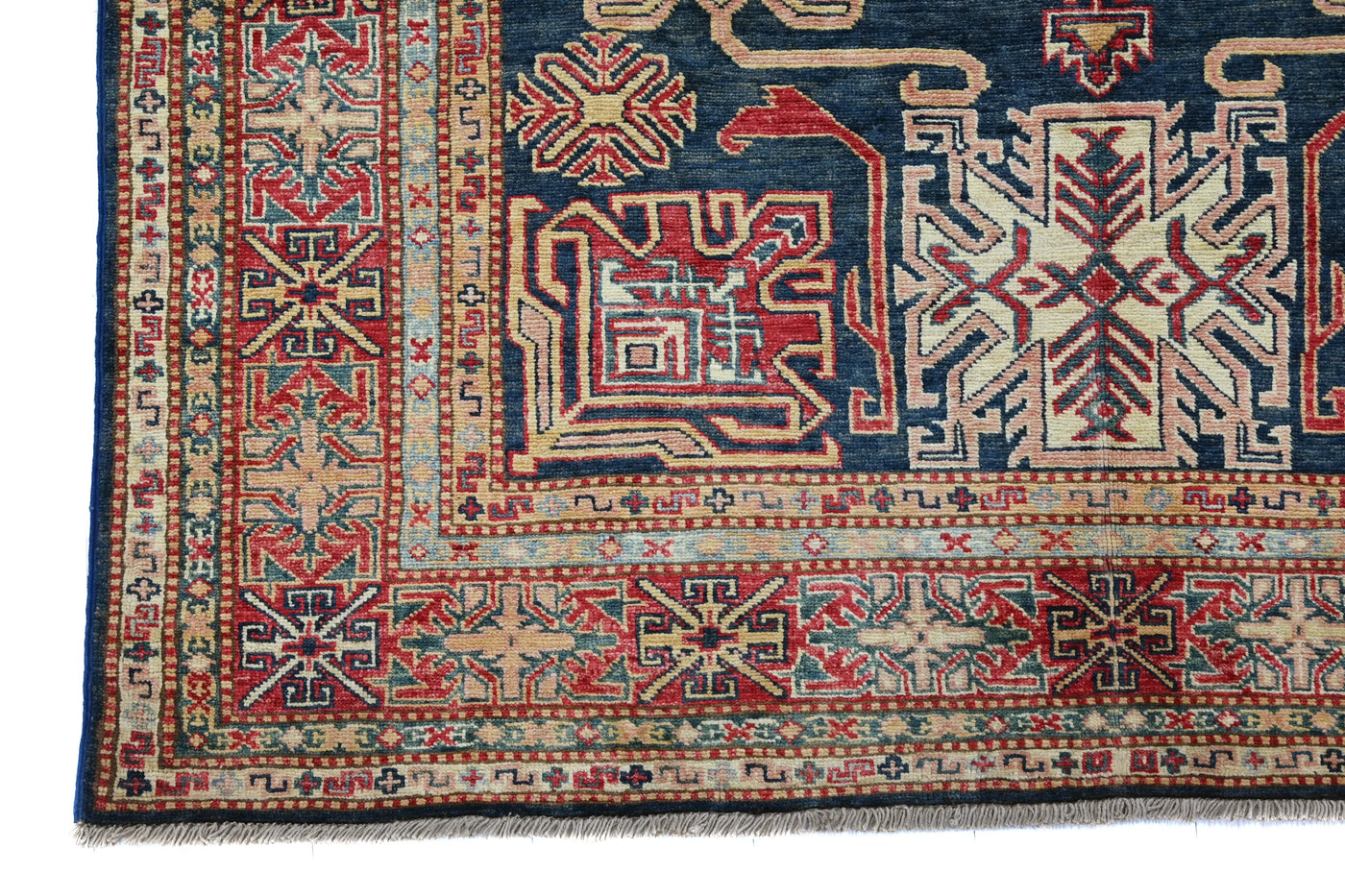 Super Kazak Afghan Rug – Navy Labyrinth