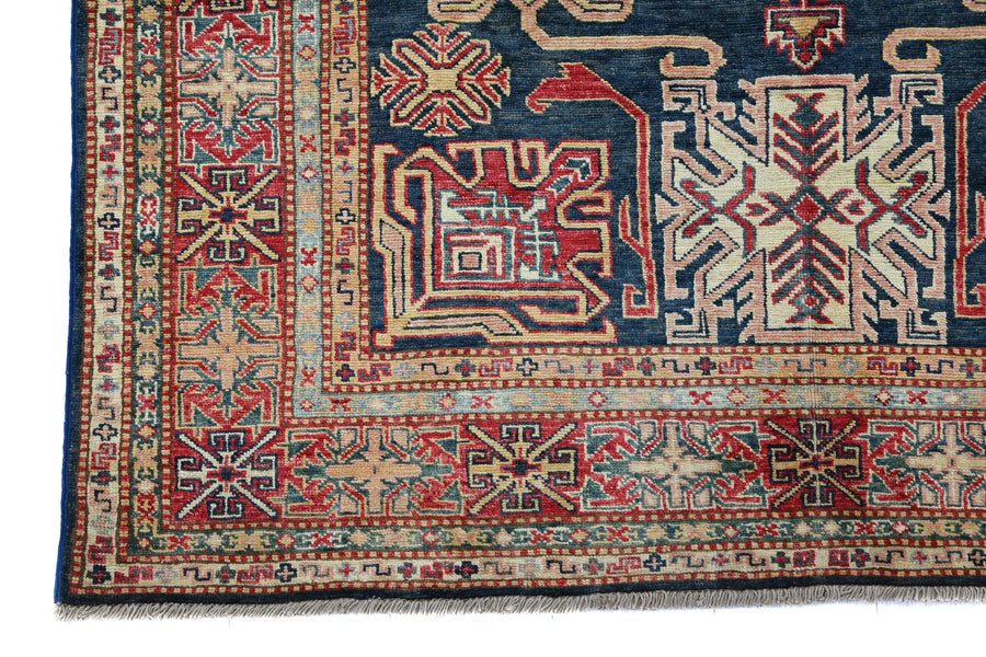 Super Kazak Afghan Rug – Navy Labyrinth