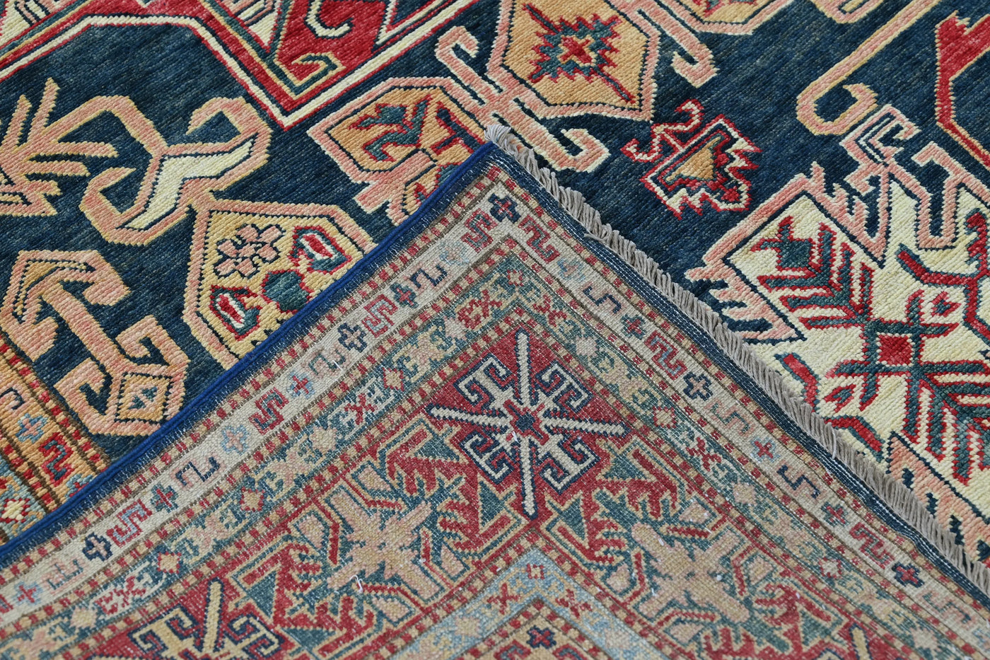 Super Kazak Afghan Rug – Navy Labyrinth