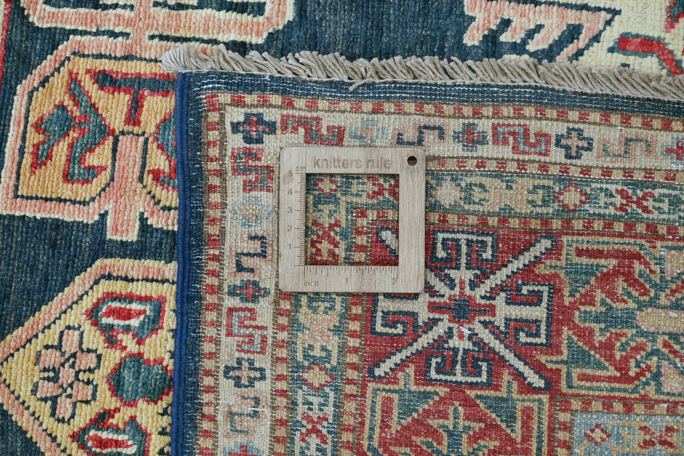 Super Kazak Afghan Rug – Navy Labyrinth