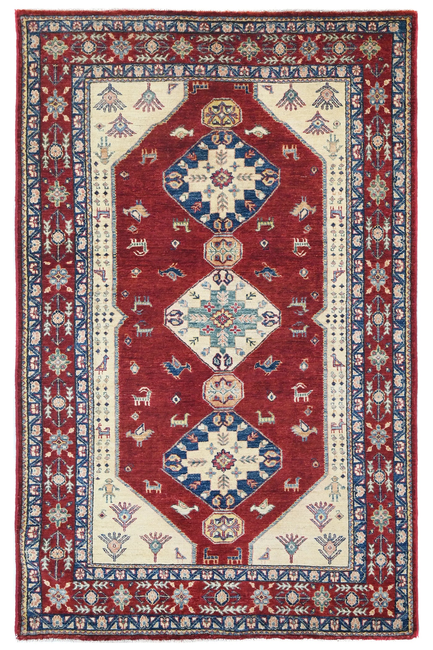 Super Kazak Afghan Rug – Crimson Stepped