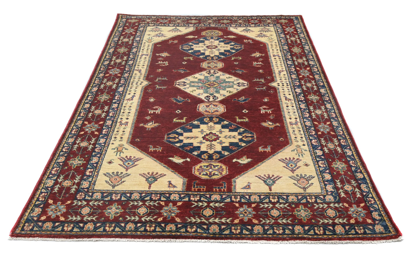 Super Kazak Afghan Rug – Crimson Stepped