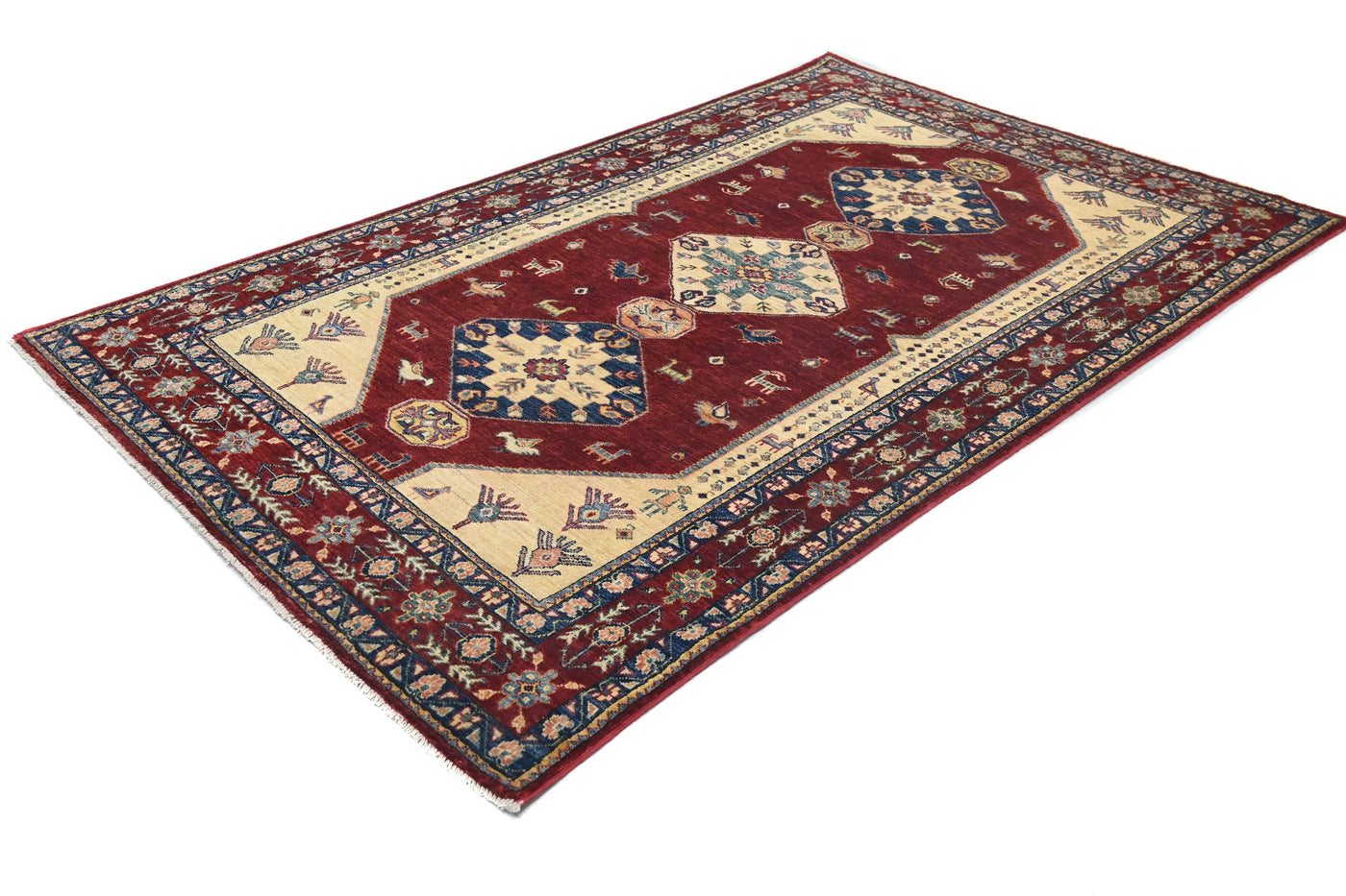 Super Kazak Afghan Rug – Crimson Stepped