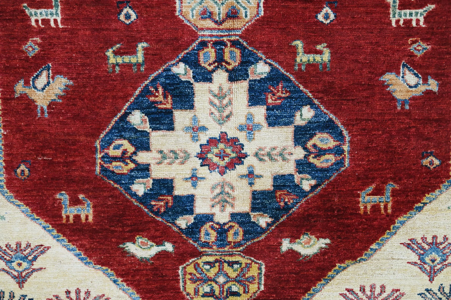 Super Kazak Afghan Rug – Crimson Stepped