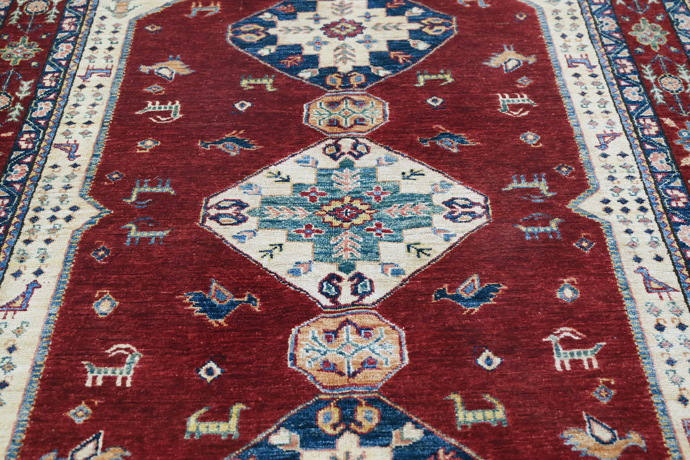 Super Kazak Afghan Rug – Crimson Stepped