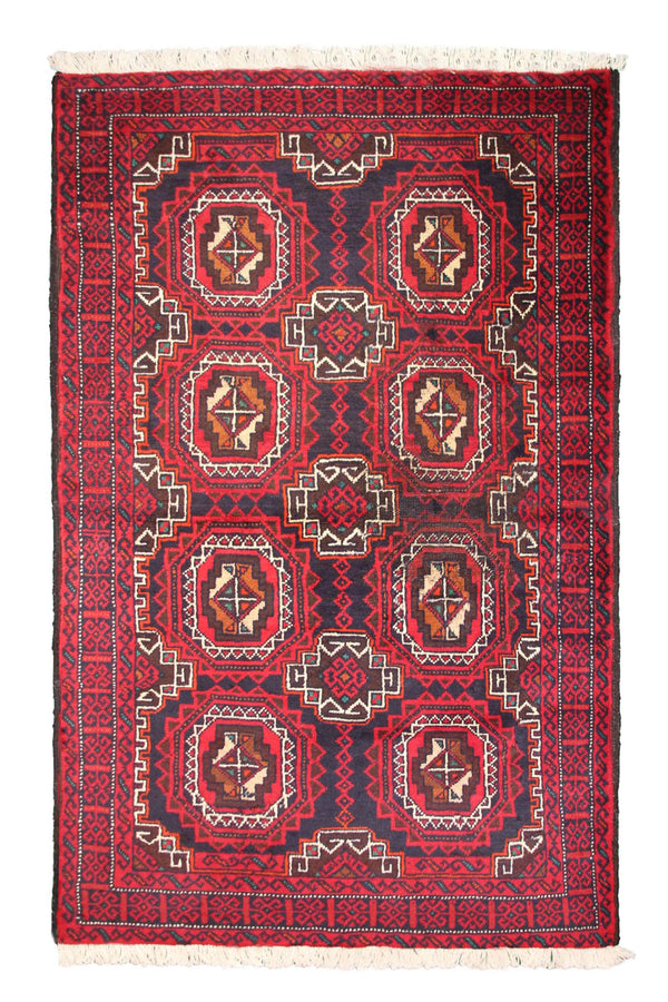 Hand knotted vintage Baluchi Persian rug 110x195 cm with deep red tribal medallion pattern
