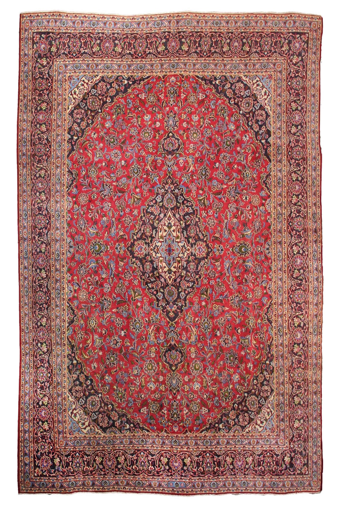 Hand knotted vintage Mashad Persian rug 288x374 cm with large central floral medallion on red field
